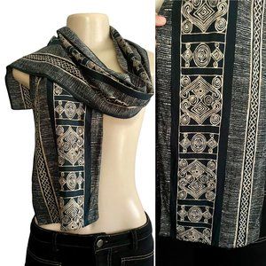 Vintage Green Scarf with Abstract Tribal details Neck Wrap dark green gift.